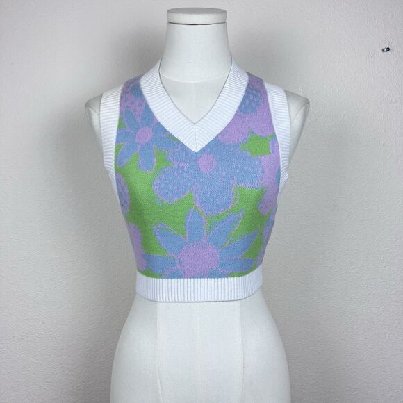 Urban Outfitters Sweater Vest Womens Extra Small Cropped Floral Daisy Boho Knit - Picture 1 of 10